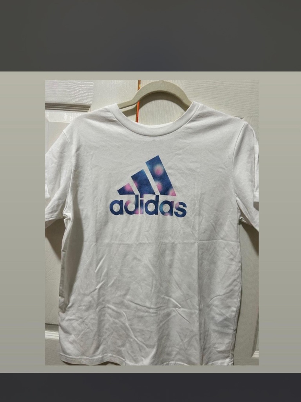 adidas White Tee with Pink and Blue Fade Logo